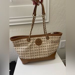 Tory Burch Marion woven brown and gold woven tote
